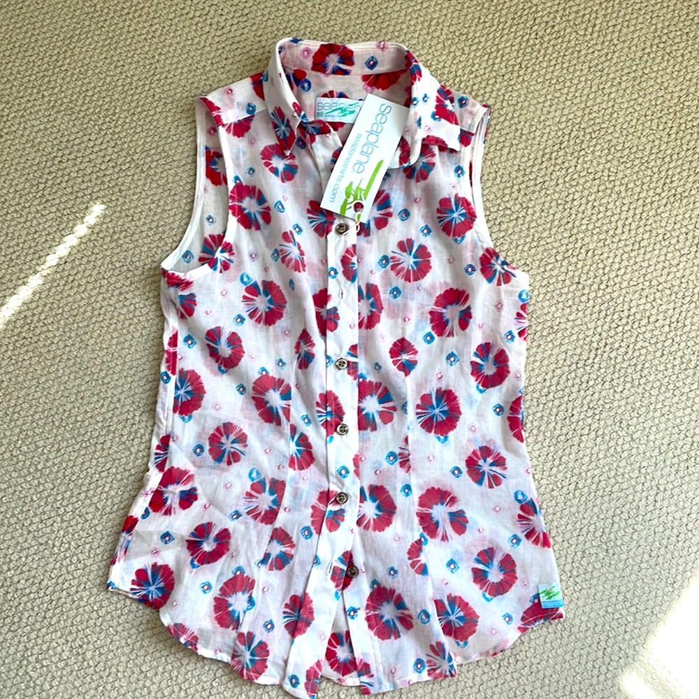 Seaplane cream, red & blue 100% cotton one of a kind gingko batik sleeveless top
